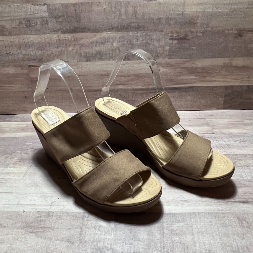 Crocs Womens Size 10 Tan Canvas Wedge Sandals